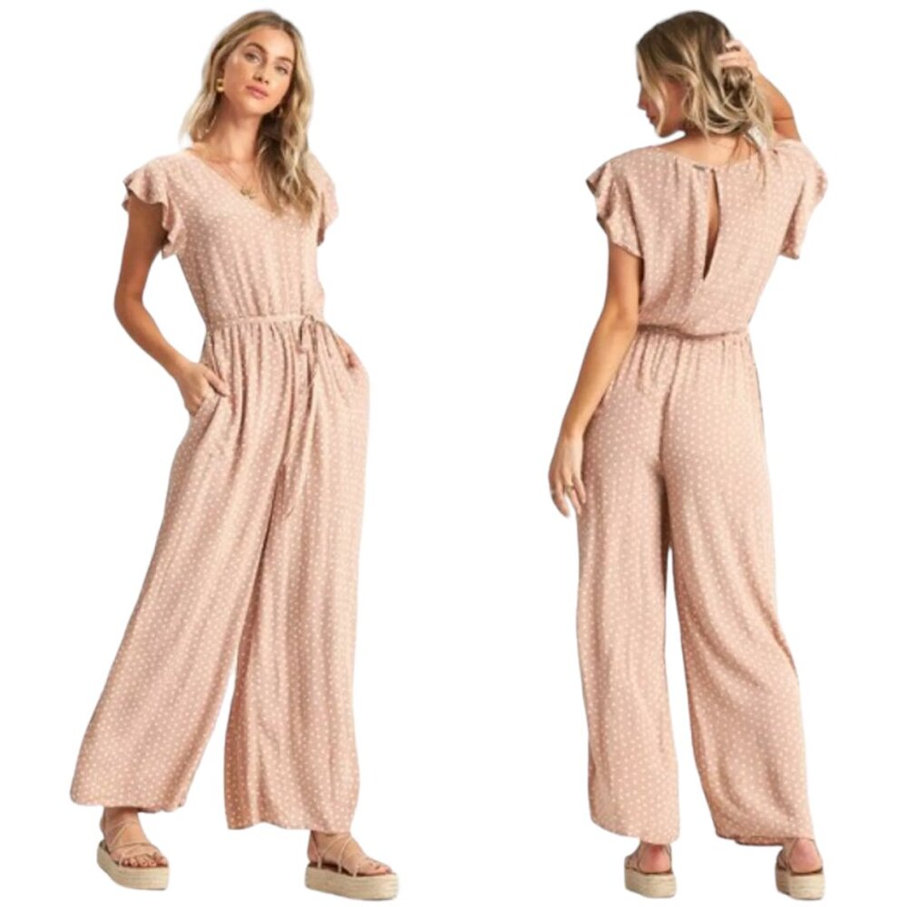 NWT BILLABONG Hearts Game Jumpsuit, Tan White Polka Dots Flutter Sleeve Boho, S